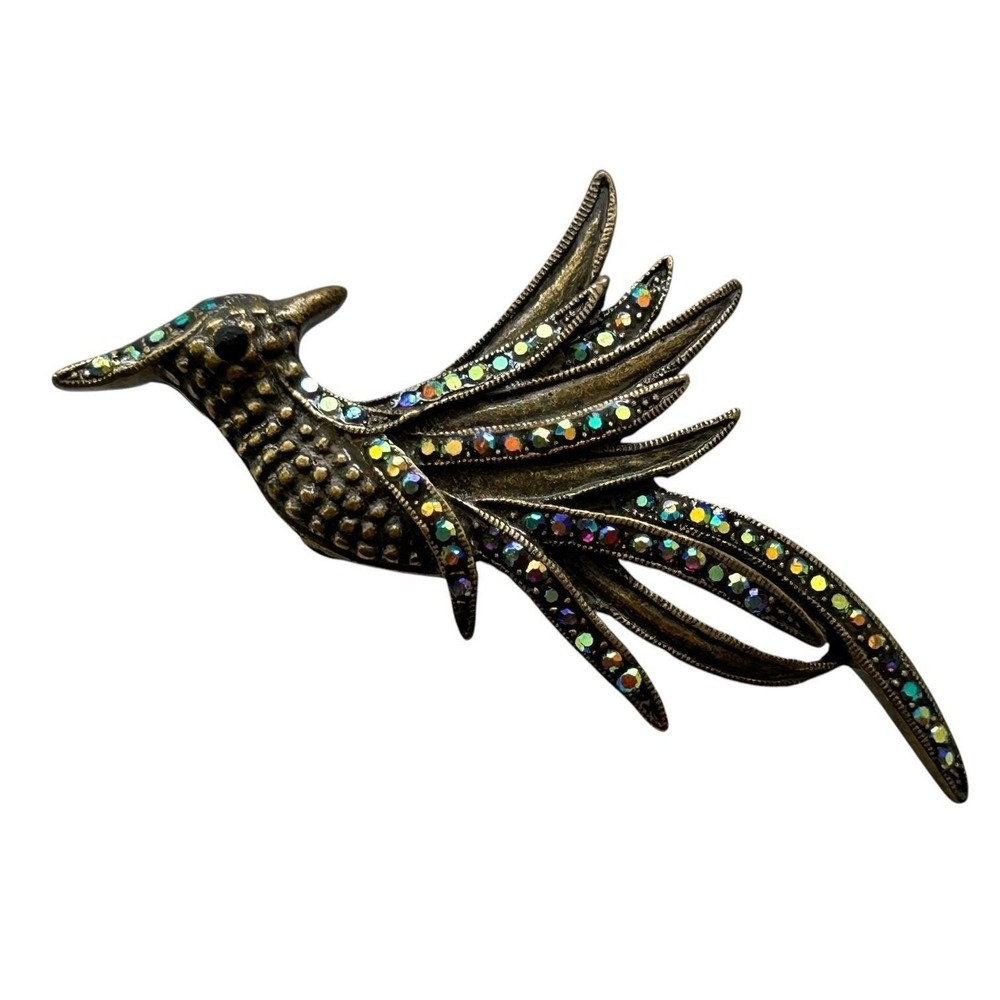 Bird Brooch Pin Vintage Style Aurora Borealis Rhinestones Statement Jewelry - Picture 2 of 4